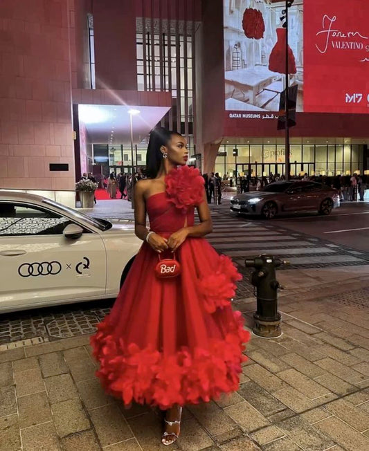 Pretty Ball Gown One Shoulder Red Tulle Ruffles Evening Dress Prom Dresses BD2529