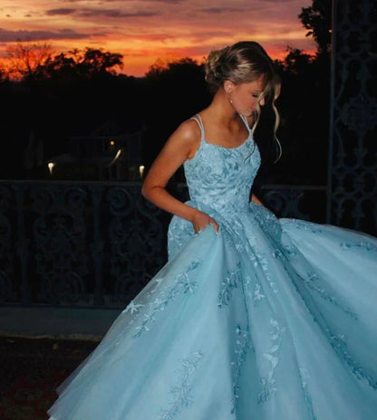 Princess Blue Strappy Embroidered Tulle Ball Gown Evening Dress cc4963