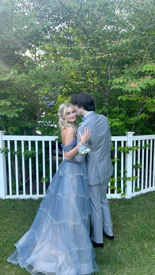 Princess Blue Off-shoulder Layered Tulle Long Ball Gown Evening Dress cc4970