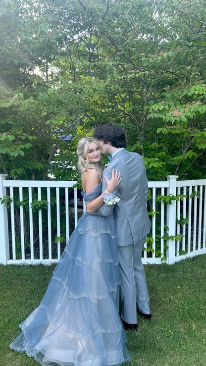Princess Blue Off-shoulder Layered Tulle Long Ball Gown Evening Dress cc4970
