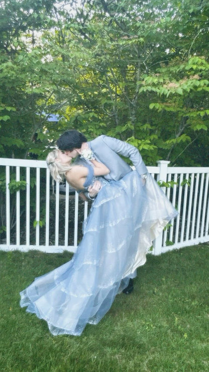 Princess Blue Off-shoulder Layered Tulle Long Ball Gown Evening Dress cc4970