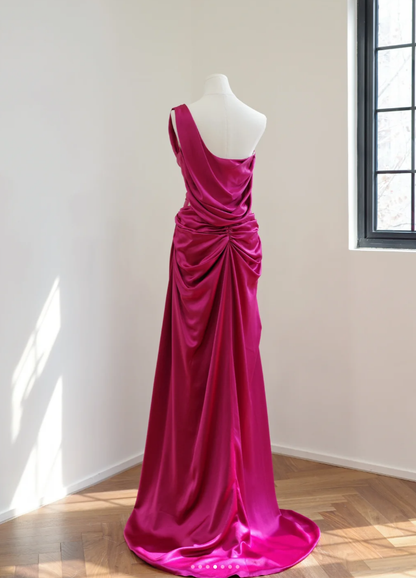 Charming One Shoulder Satin Pleated Mermaid Long Party Dress Hot Pink Wedding Guest Dress D2174
