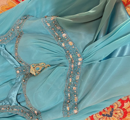 Retro Blue Satin Chiffon Beaded Mermaid Long Evening Dress Formal Wedding Guest Dress D2136