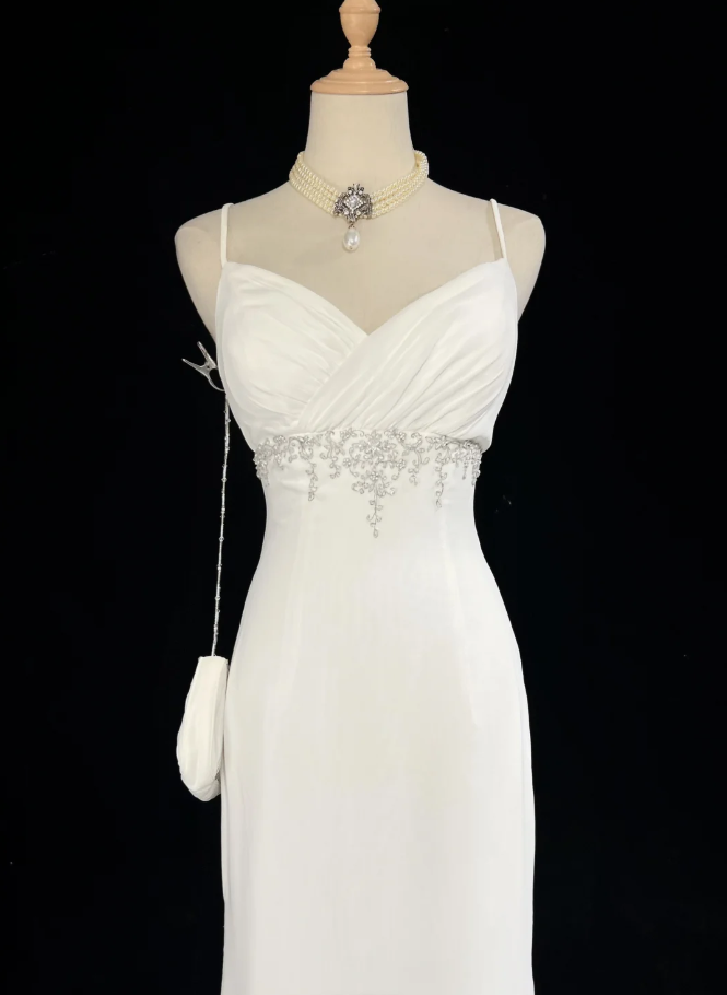Classy Spaghetti Strap White Tulle Satin Beaded Mermaid Evening Dress Long Wedding Guest Dress D1850