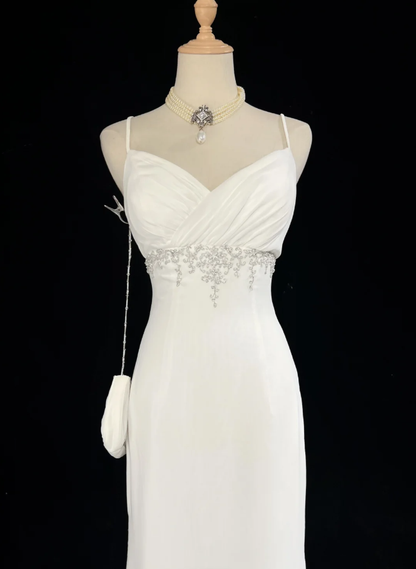 Classy Spaghetti Strap White Tulle Satin Beaded Mermaid Evening Dress Long Wedding Guest Dress D1850
