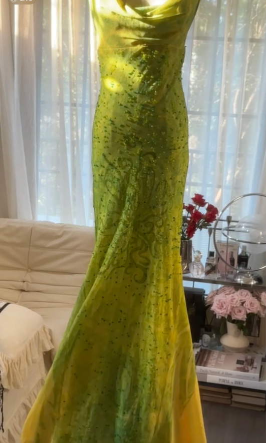 Chic Ombre Green Chiffon Beaded Mermaid Long Party Dress Formal Birthday Prom Dress D2299