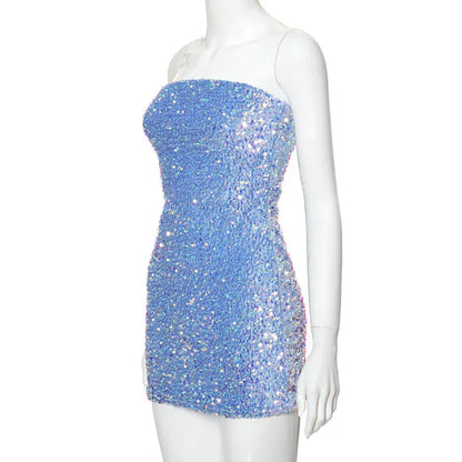 Retro Sparkling Blue Strapless Sequin Design Bodycon Party Dress Homecoming Dress D1563
