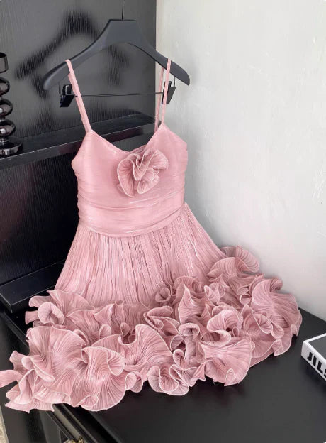 Cute Pink Spaghetti Strap Ruffle Design A-Line Homecoming Dress Party Dress Prom Dresses D1619