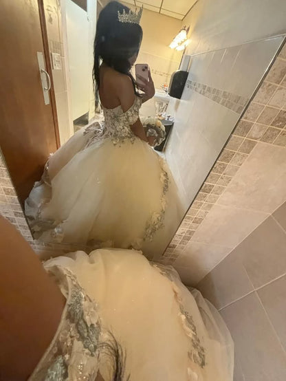 Princess Champagne Gold Off-the-Shoulder Tulle Ball Gown Evening Dress Sweet 16 Dress cc5183