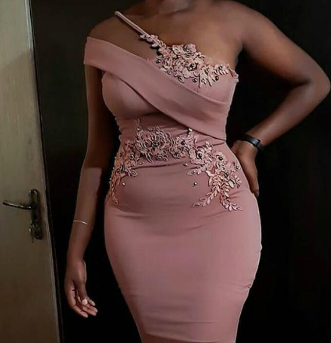 Sexy Blush Pink Arabic Aso Ebi Sexy Mermaid Prom Dresses Lace Applique Crystal Beaded Evening Gowns One Shoulder Formal Party Second Reception Robes c3488