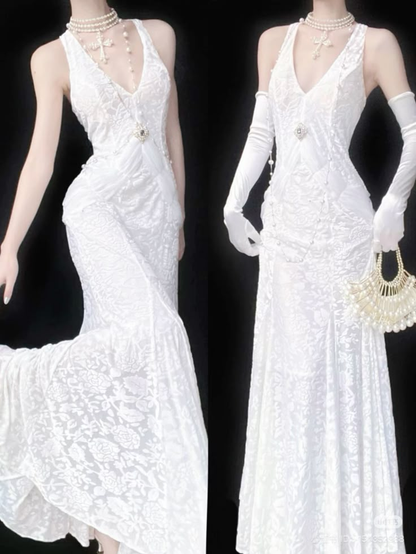 Classy V Neck White Lace Mermaid Long Evening Dress Party Gown