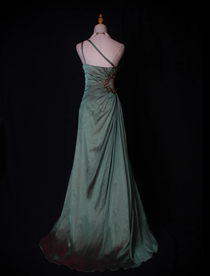 Vintage Green One Shoulder Satin Chiffon Beaded Mermaid Long Evening Dress Birthday Dress D2269