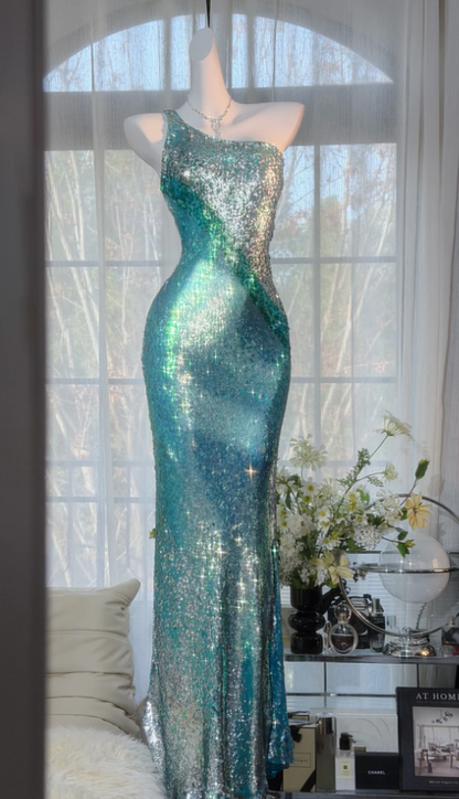 Glitter One Shoulder Blue Sequin Mermaid Long Evening Dress Birthday Party Dress D2379