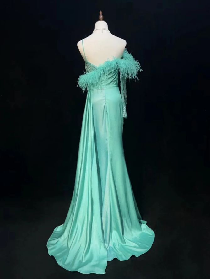 Elegant Green Satin Beaded Mermaid Long Party Dress Prom Gown With Feathers SP1819