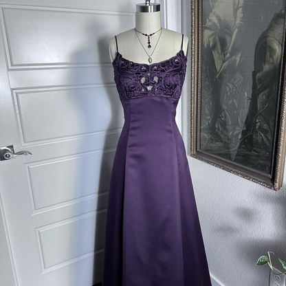 Elegant Purple Spaghetti Straps Satin Long Wedding Guest Dress Formal Birthday Party Gown
