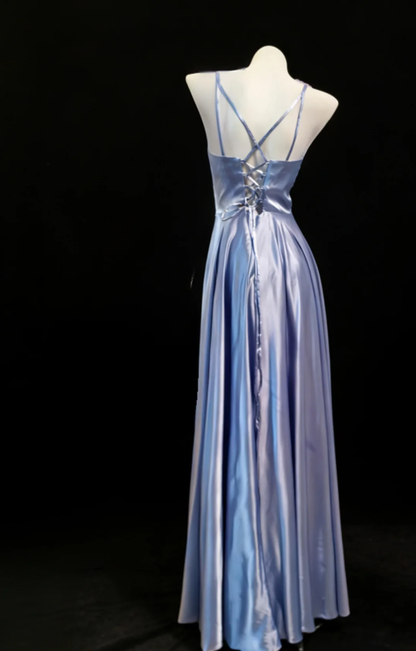 Classy Spaghetti Strap Purple V Neck Satin A Line Birthday Party Dress Long Wedding Guest Dress With Ribbon SP1578