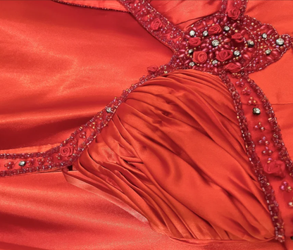 Charming Spaghetti Straps Red V Neck Satin Beaded Party Dress Long Wedding Guest Dress D2057