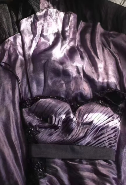 Unique One Shoulder Purple Satin Pleated Tulle Appliques Long Party Dress Birthday Prom Dress D2321
