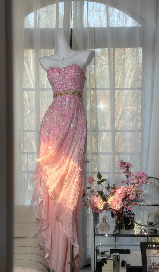 Glamorous Pink Strapless Chiffon Sequin Beaded Mermaid Party Dress Long Prom Dress D2291