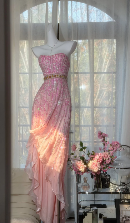 Glamorous Pink Strapless Chiffon Sequin Beaded Mermaid Party Dress Long Prom Dress D2291