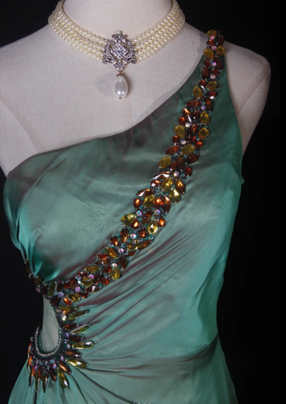 Vintage Green One Shoulder Satin Chiffon Beaded Mermaid Long Evening Dress Birthday Dress D2269