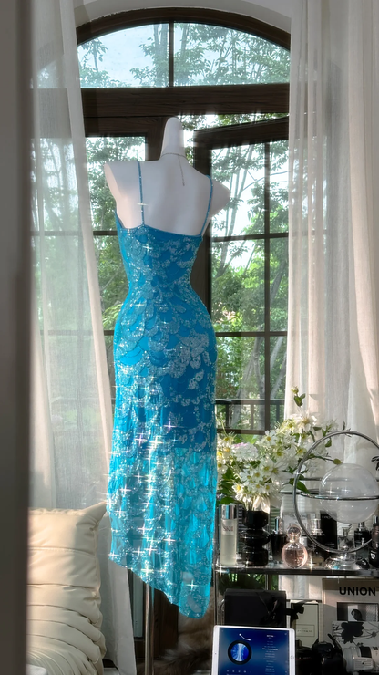 Gorgeous Spaghetti Straps Blue Chiffon Sequin Mermaid Party Dress Long Birthday Prom Gown