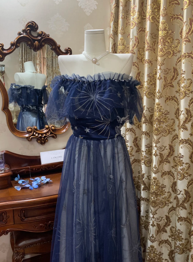 Glamorous Off The Shoulder Tulle A Line Long Wedding Guest Dress Navy Blue Birthday Prom Dress Evening Gown SP1609