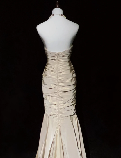 Elegant Strapless Satin Pleated Beaded Mermaid Long Wedding Guest Dress Formal Evening Dress Party Gown