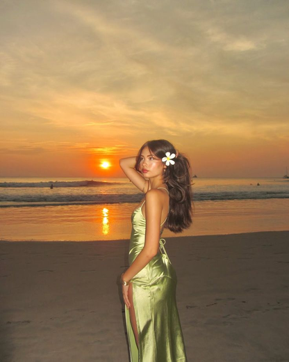 Simple Green Halter Satin Slit A Line Long Party Dress Evening Gown