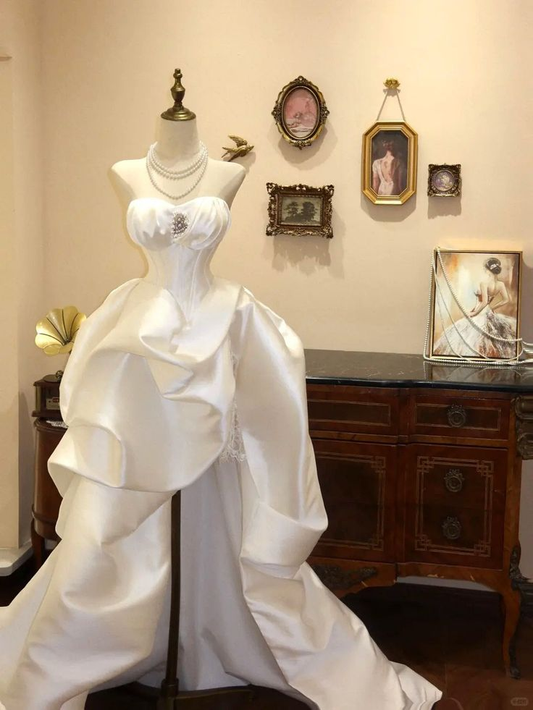 Classy White Strapless Satin Pleated Wedding Dress S181