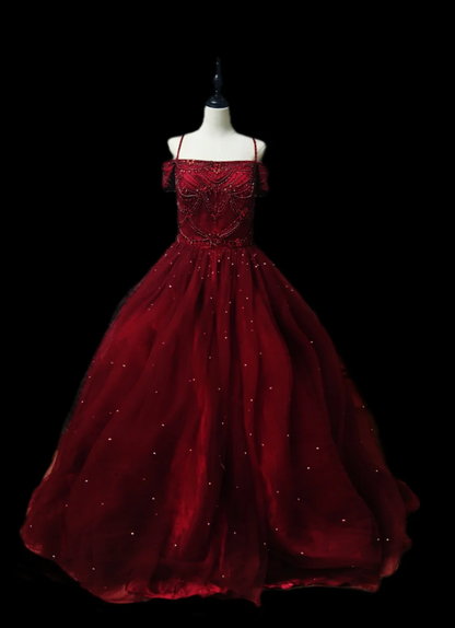 Gorgeous Spaghetti Straps Burgundy Tulle Beaded Ball Gown Sweet 16 Dress
