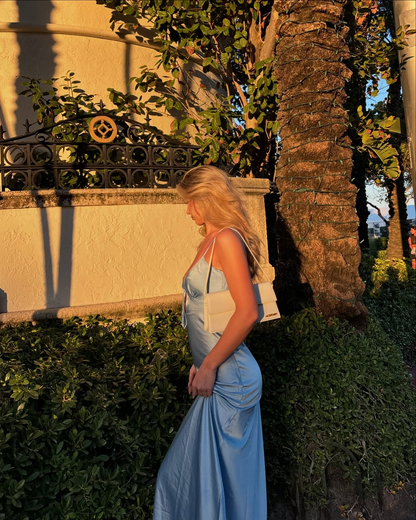 Elegant Spaghetti Straps Blue Satin Mermaid Long Wedding Guest Dress Backless Party Dress Evening Dress D1901