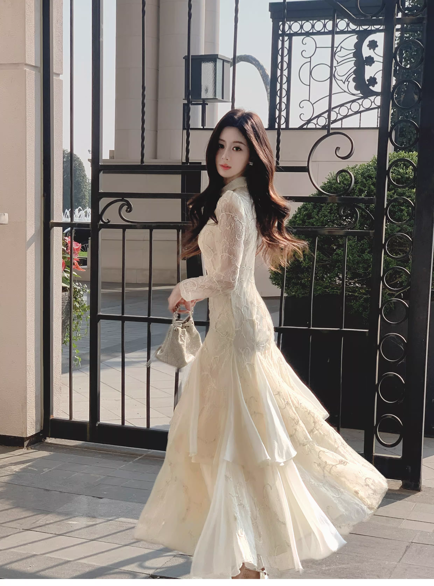Pretty Beige Tulle Lace Mermaid Long Evening Dress Birthday Prom Dress D2181