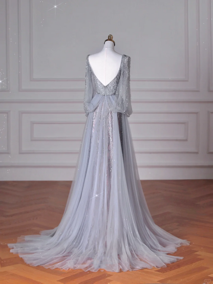 Classy Blue V Neck Sequins Beaded Tulle Prom Dress,A Line Backless Evening Dress Y8644