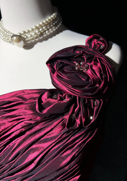 Retro One Shoulder Burgundy Satin Pleated Long Prom Dress Evening Gown SP1968