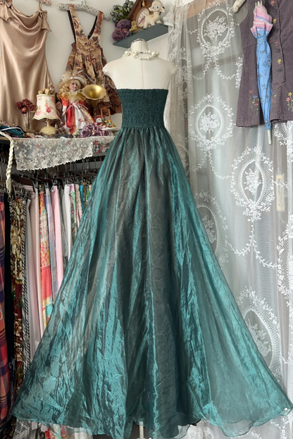 Vintage Strapless Dark Green Organza Ball Gown Long Evening Dress