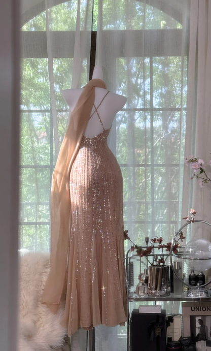 Sparkly Spaghetti Straps Chiffon Sequin Beaded Mermaid Long Party Dress Wedding Guest Dress D2098
