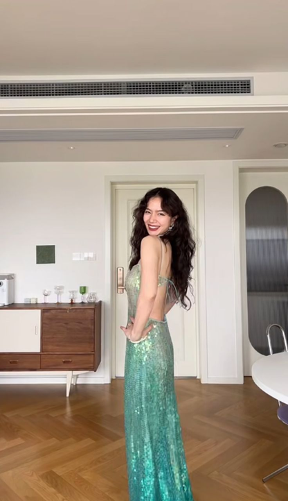Sparkly Spaghetti Straps Ombre Green Sequin Mermaid Long Party Dress Evening Gown