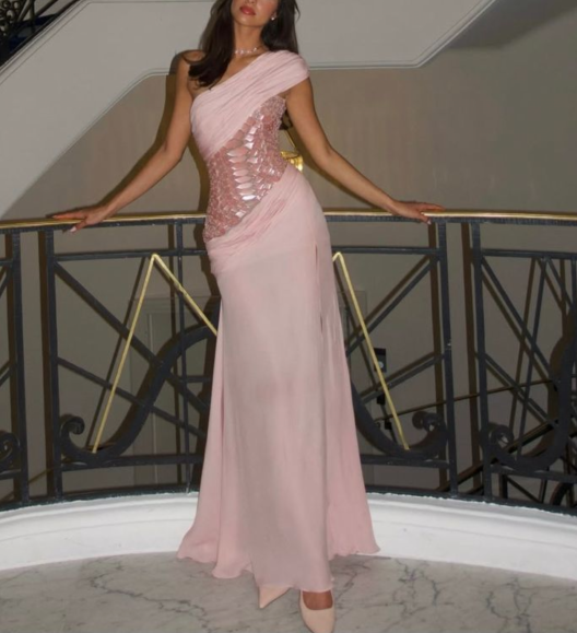 Classy One Shoulder Chiffon Sequin Slit Mermaid Party Dress Long Evening Dress Prom Gown