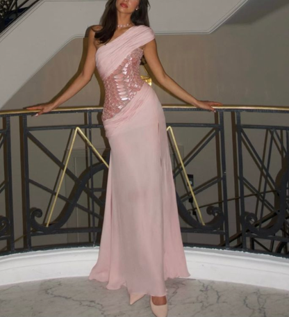 Classy One Shoulder Chiffon Sequin Slit Mermaid Party Dress Long Evening Dress Prom Gown
