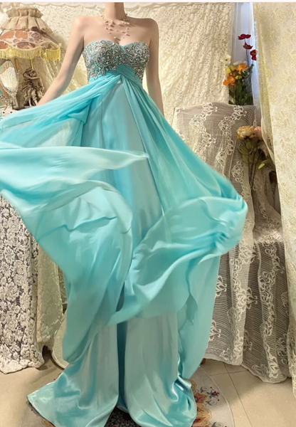 Pretty Strapless Blue Satin Chiffon Beaded Long Wedding Guest Dress Formal Birthday Party Dress D2132