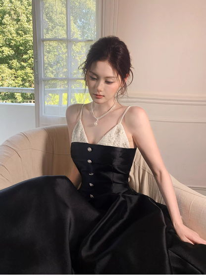 Pretty Spaghetti Straps V Neck Satin A Line Long Evening Dress Black Birthday Dress SP1655