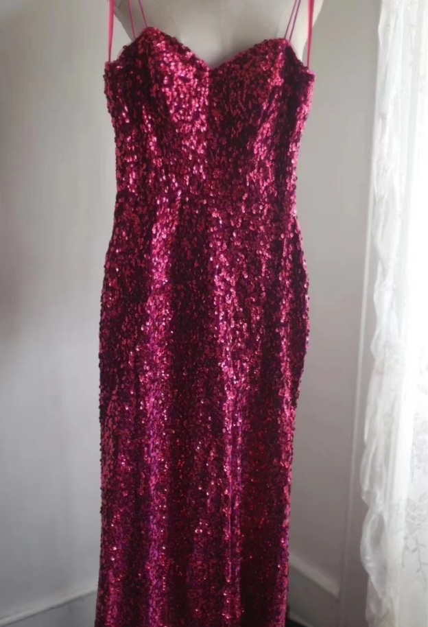 Sparkly Spaghetti Straps Hot Pink Sequin Mermaid Slit Evening Dress Long Wedding Guest Dress D2198