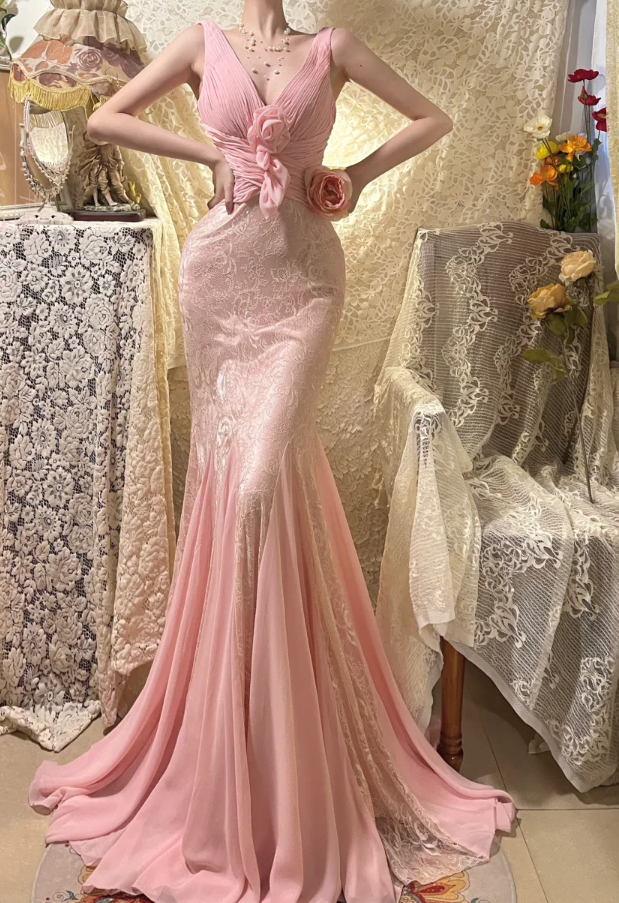 Classy V Neck Pink Lace Chiffon Mermaid Long Wedding Guest Dress Formal Prom Dress Party Gown