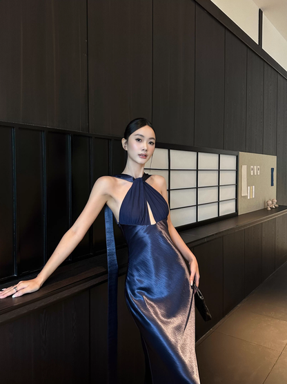 Classy Sleeveless Navy Blue Satin Mermaid Long Wedding Guest Dress Formal Backless Party Dress Evening Gown