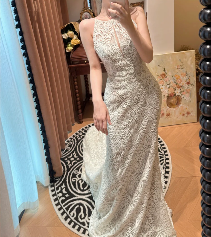 Retro Lace Sleeveless Mermaid Long Wedding Dress White Bridal Dresses D2034