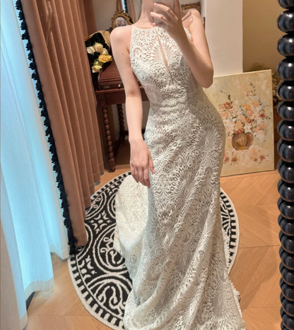 Retro Lace Sleeveless Mermaid Long Wedding Dress White Bridal Dresses D2034