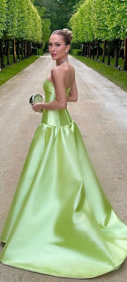 Stylish Lemon Green Strapless Satin Mermaid Long Evening Dress Birthday Outfits D1347