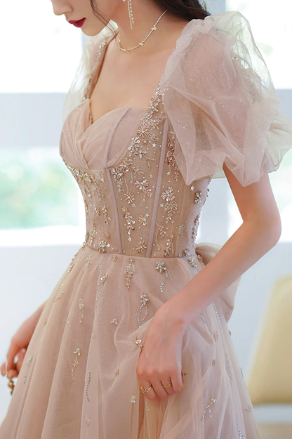 Cute tulle beads long prom dress A line evening gown c2948