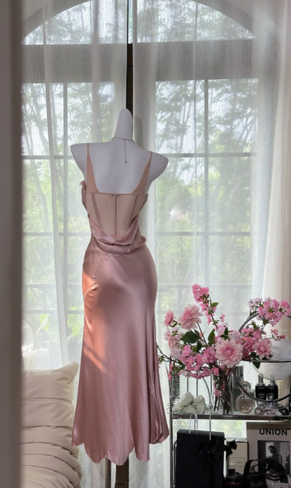 Elegant Spaghetti Straps Sweetheart Neck Pink Satin Mermaid Party Dress Long Birthday Prom Gown
